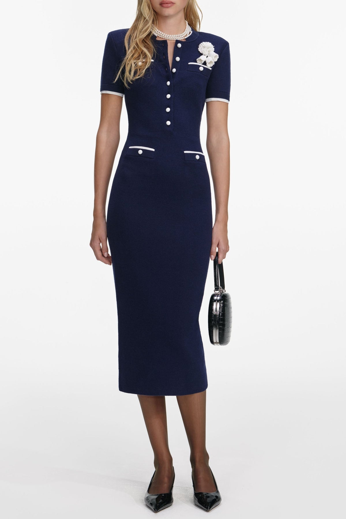Zenobia Navy Crochet Flower Knit Midi Dress Avalabel