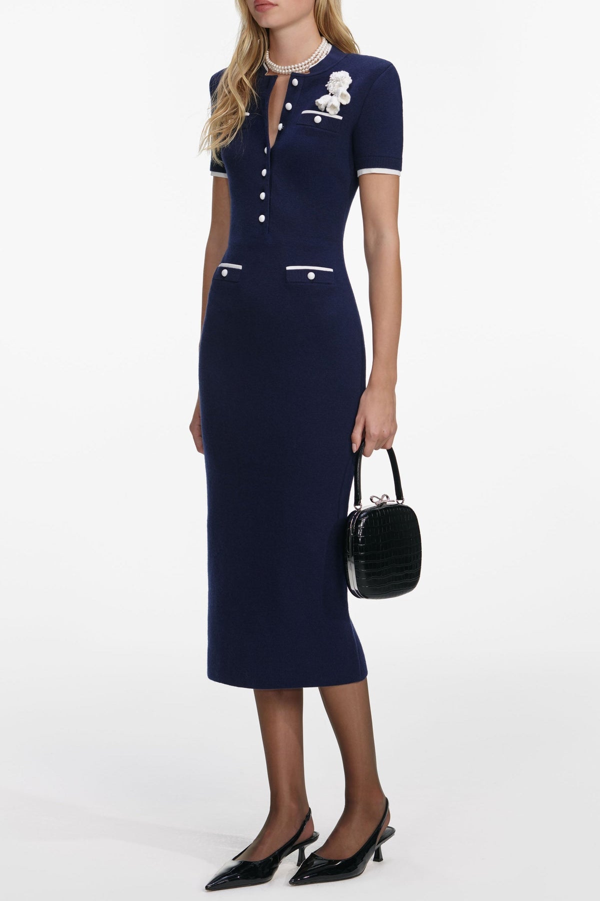 Zenobia Navy Crochet Flower Knit Midi Dress Avalabel