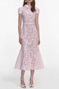Zenobia Pink Guipure Lace Hollow Midi Dress Avalabel