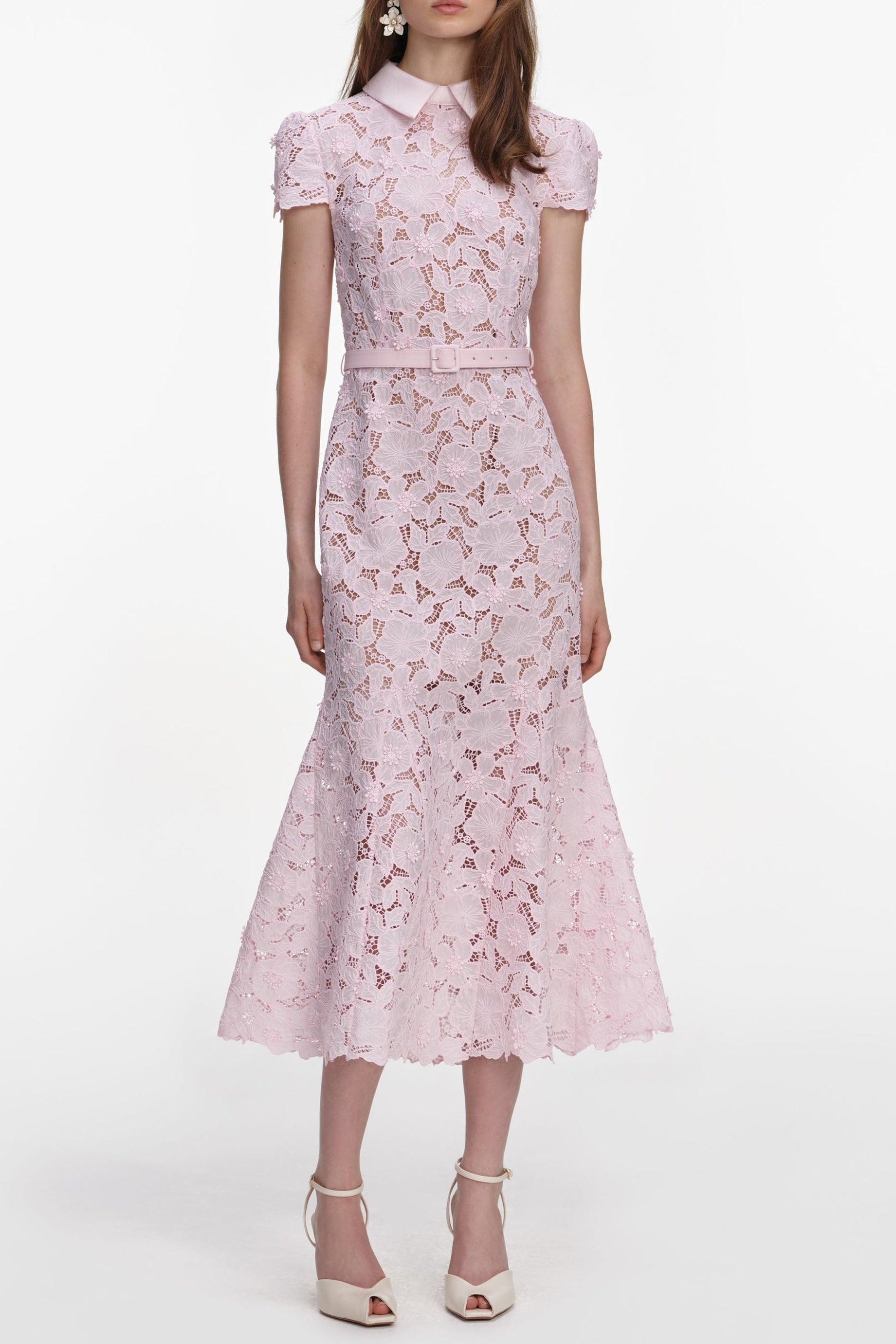 Zenobia Pink Guipure Lace Hollow Midi Dress Avalabel