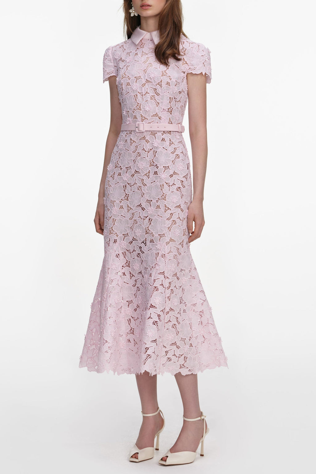 Zenobia Pink Guipure Lace Hollow Midi Dress Avalabel