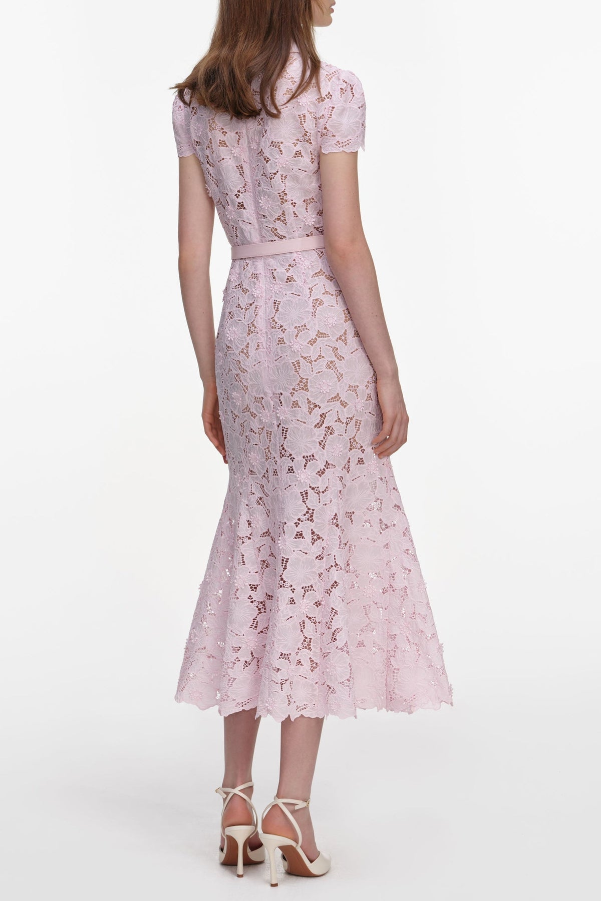 Zenobia Pink Guipure Lace Hollow Midi Dress Avalabel