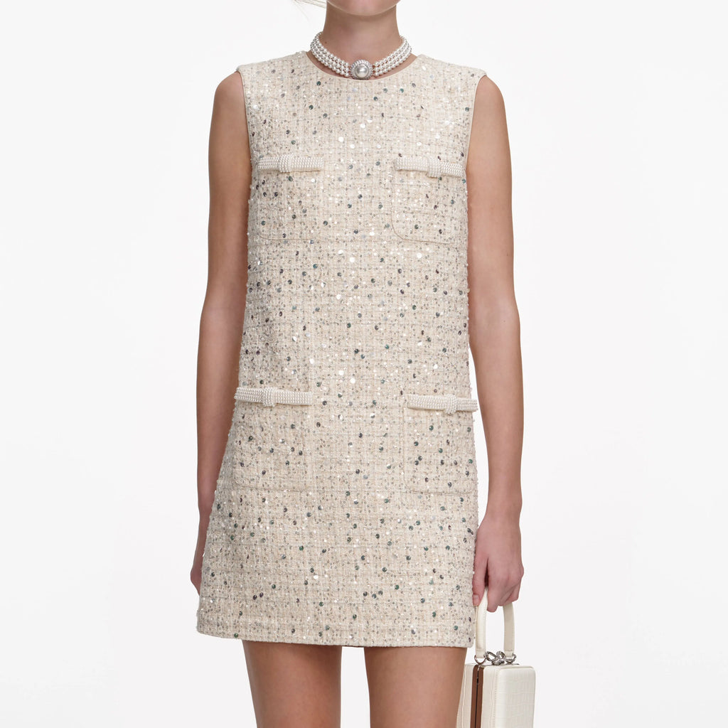 lillian Cream Embellished Boucle Mini Dress Avalabel