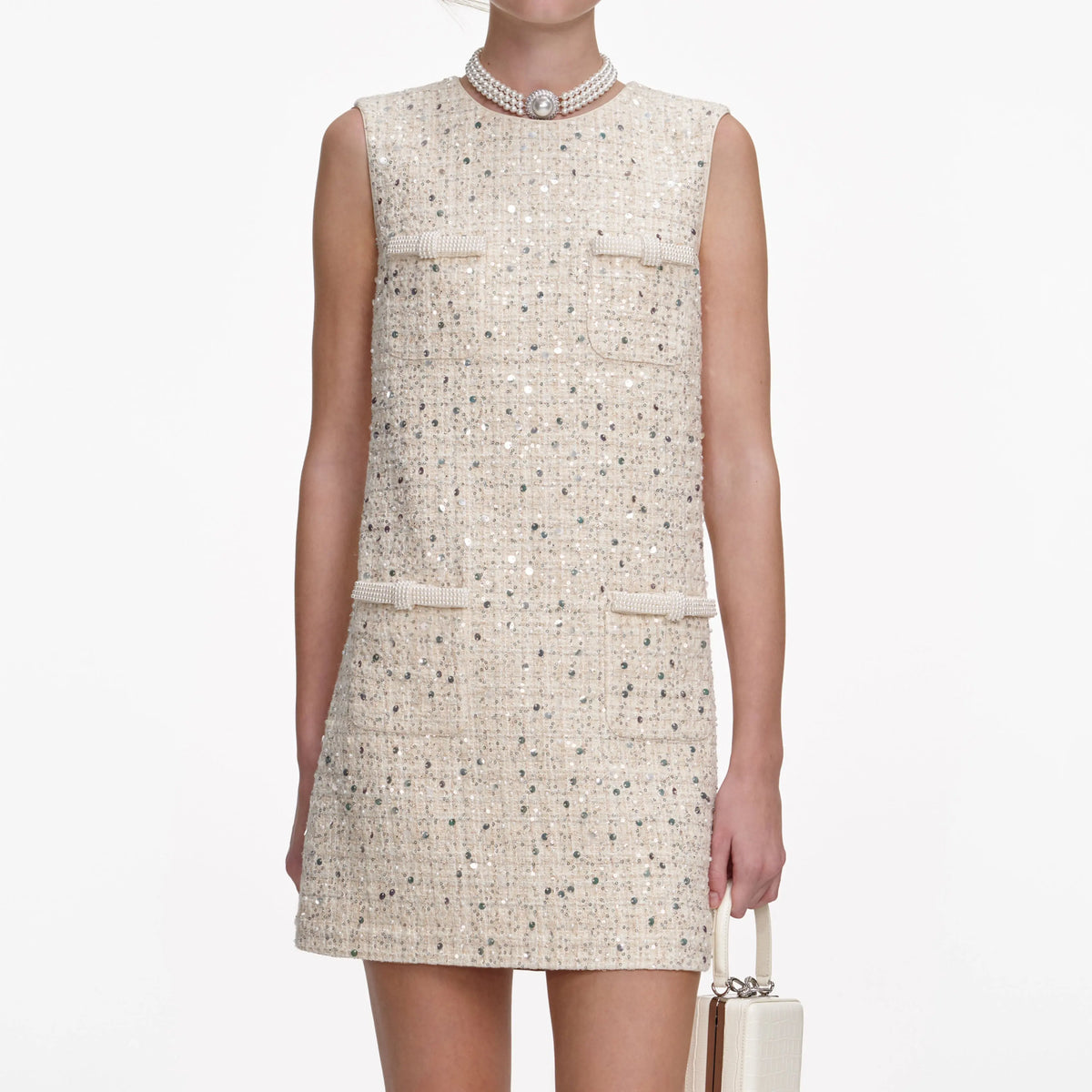 lillian Cream Embellished Boucle Mini Dress Avalabel