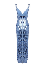 roberta Deep V-Neck Sequin Column Gown in blue Avalabel