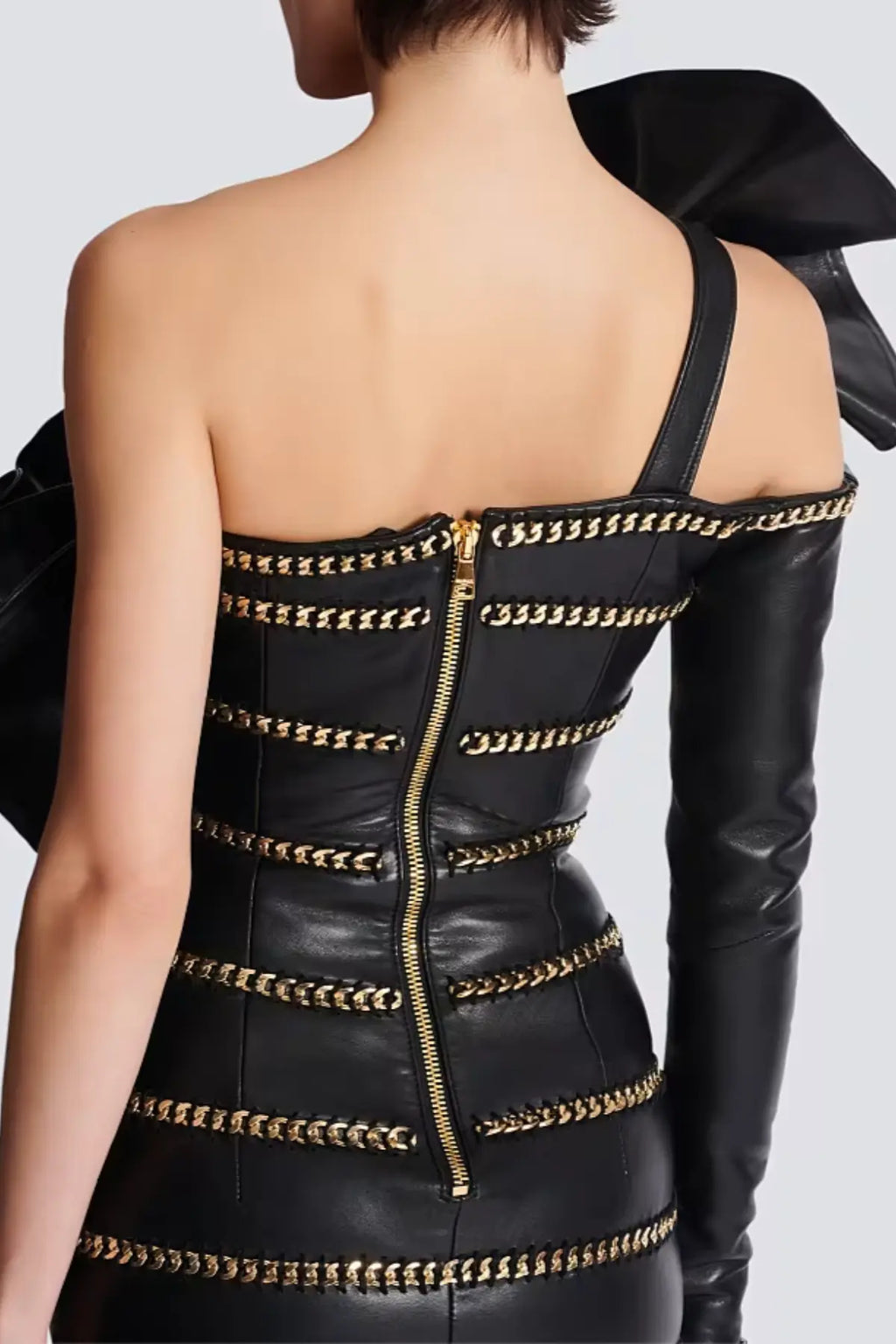 Rantan One Shoulder Asymmetric Leather Ruffle Mini Dress Avalabel