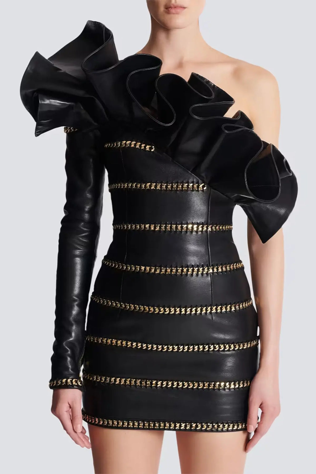 Rantan One Shoulder Asymmetric Leather Ruffle Mini Dress Avalabel