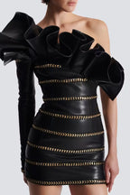 Rantan One Shoulder Asymmetric Leather Ruffle Mini Dress Avalabel