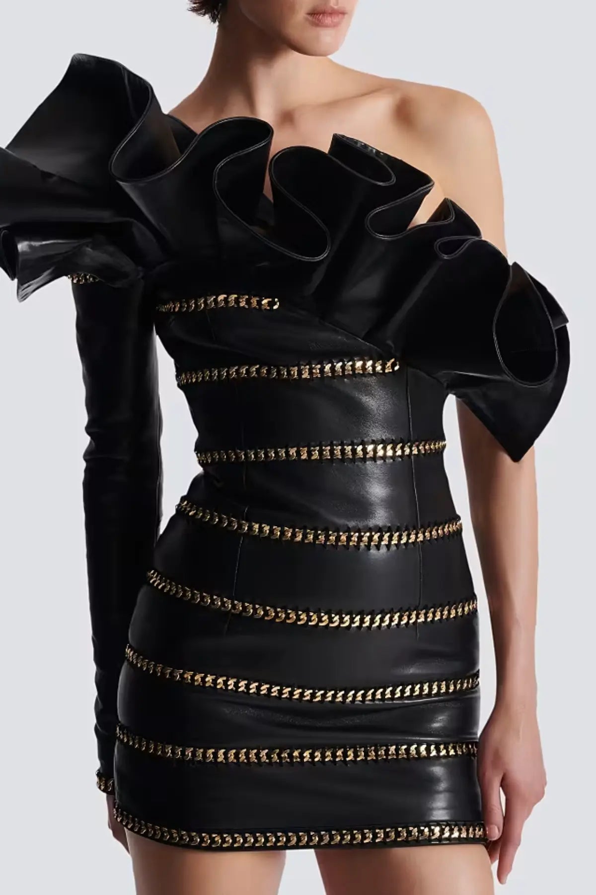 Rantan One Shoulder Asymmetric Leather Ruffle Mini Dress Avalabel