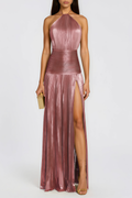 Reinel Halter Metallic Pleated Maxi Dress - Pink Avalabel