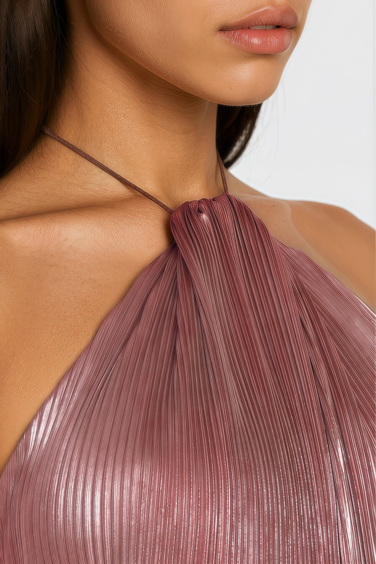 Reinel Halter Metallic Pleated Maxi Dress - Pink Avalabel