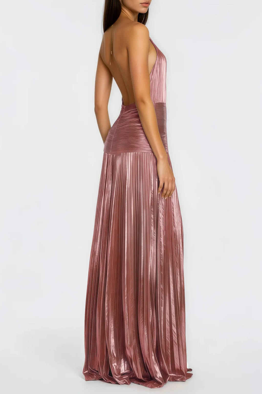 Reinel Halter Metallic Pleated Maxi Dress - Pink Avalabel
