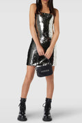 Off-Shoulder Sequin Embellished Mini Dress in Silver Avalabel