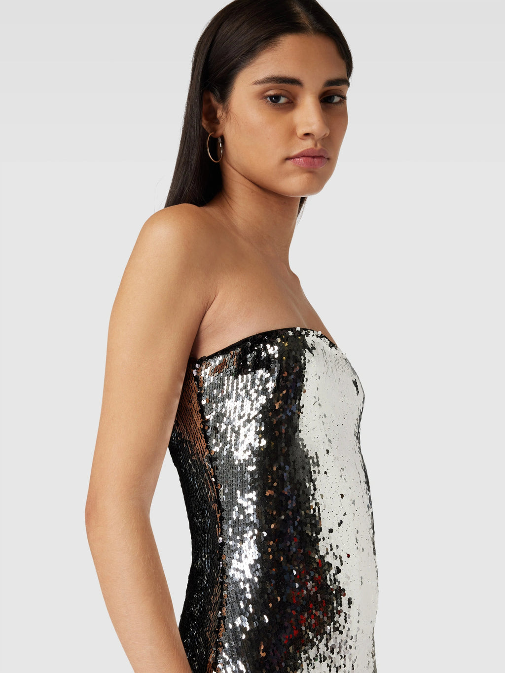 Off-Shoulder Sequin Embellished Mini Dress in Silver Avalabel