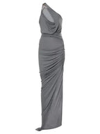 One-Shoulder Sleeveless Ruched Bodycon Maxi Dress in Grey Avalabel