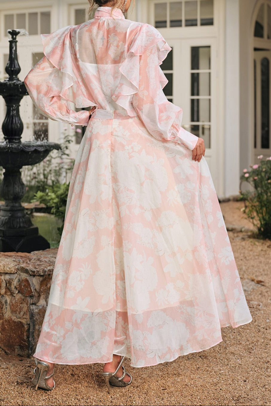 Amanda High Neck Floral Organza Blouse Maxi Skirt Set in Pink Avalabel