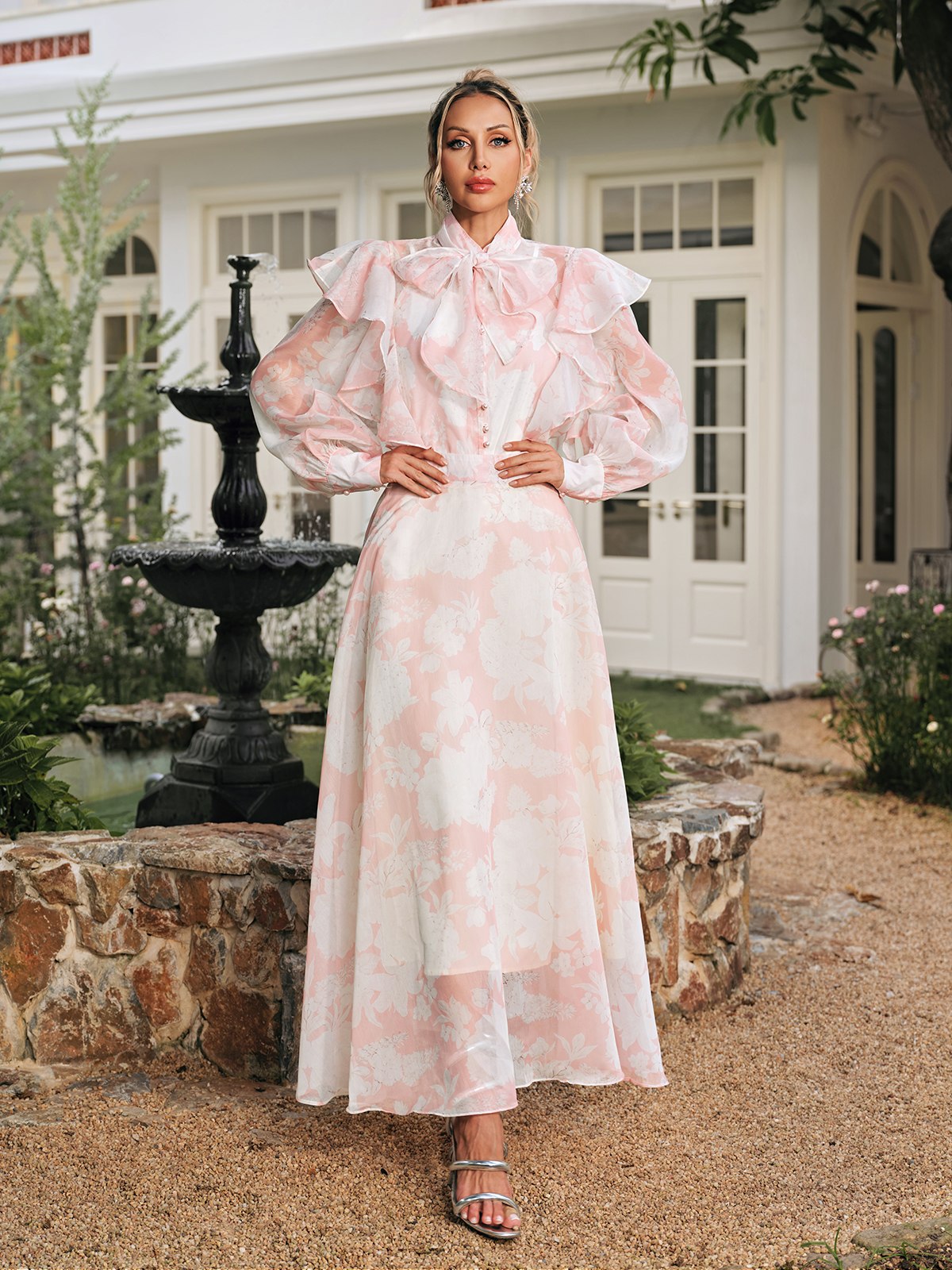 Amanda High Neck Floral Organza Blouse Maxi Skirt Set in Pink Avalabel