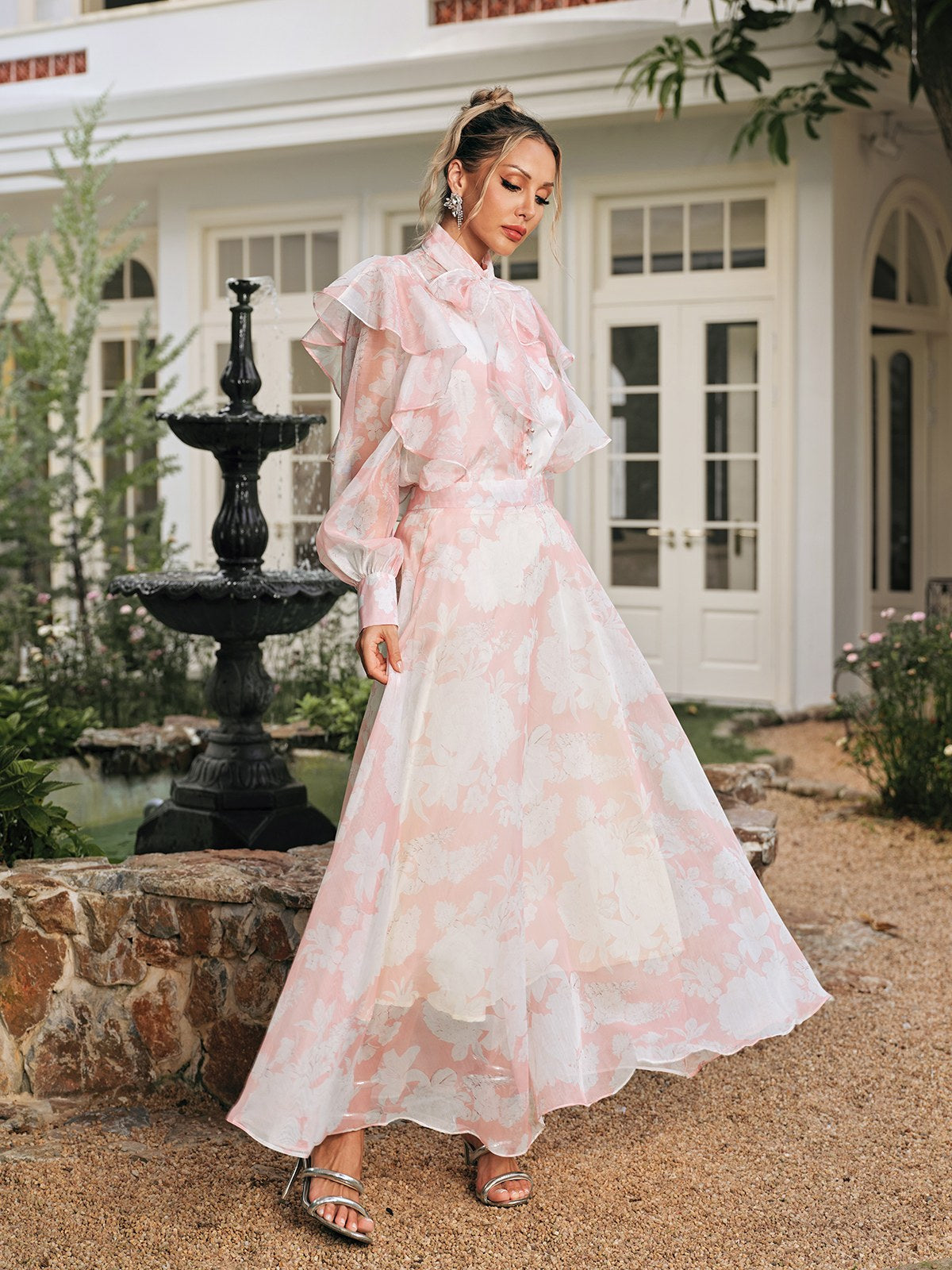 Amanda High Neck Floral Organza Blouse Maxi Skirt Set in Pink Avalabel