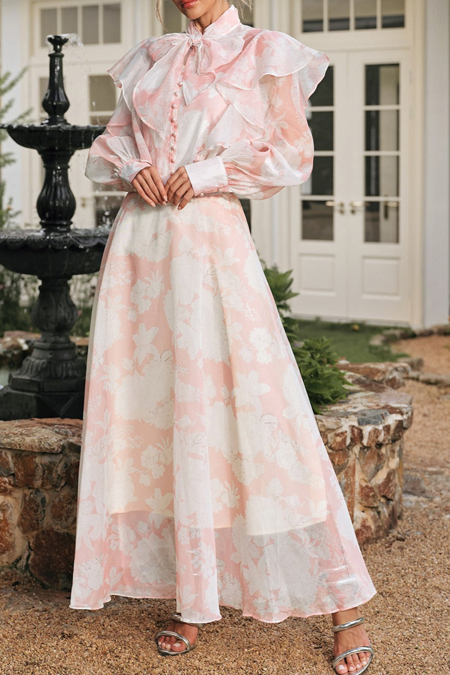 Amanda High Neck Floral Organza Blouse Maxi Skirt Set in Pink Avalabel
