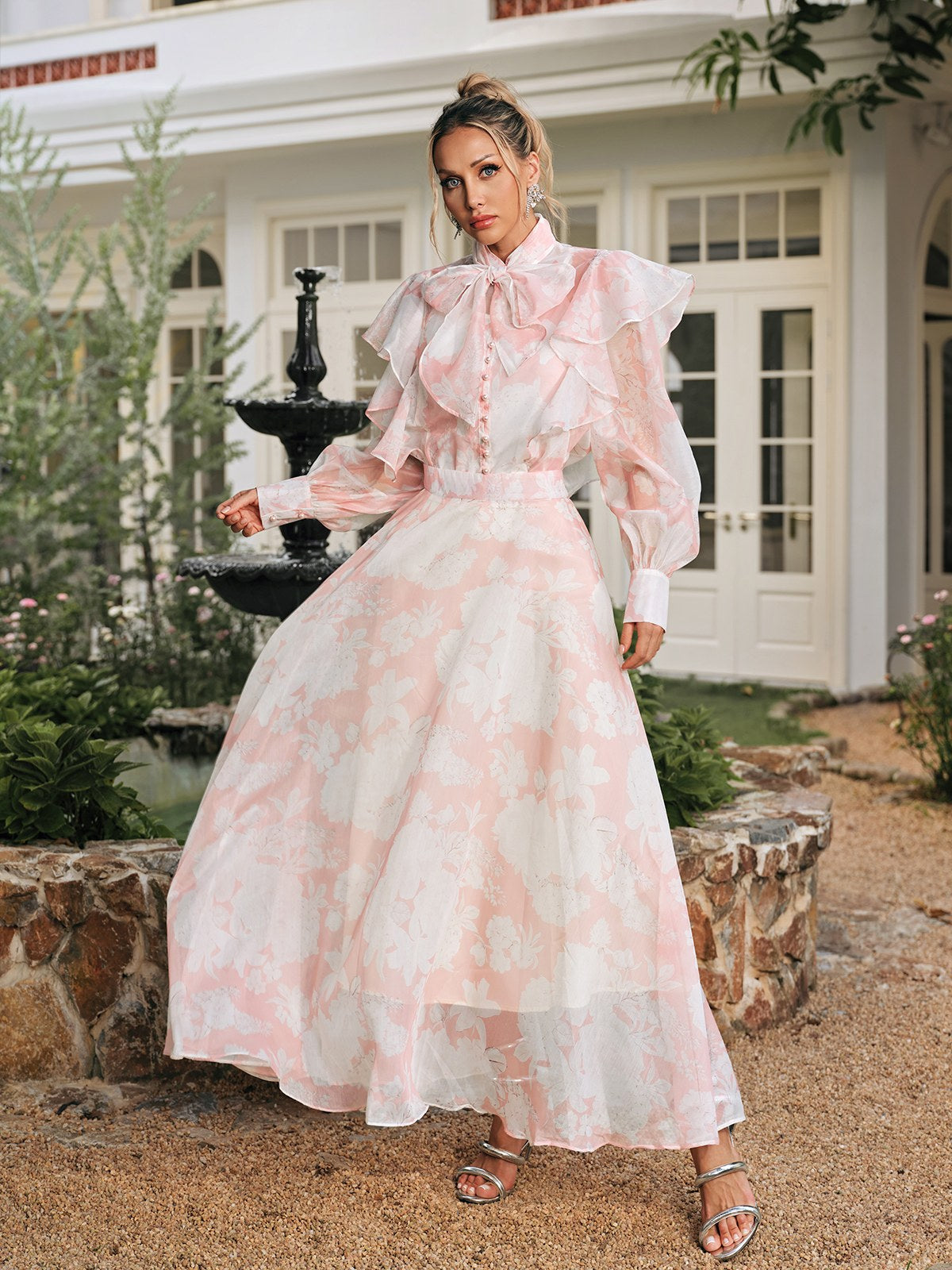 Amanda High Neck Floral Organza Blouse Maxi Skirt Set in Pink Avalabel