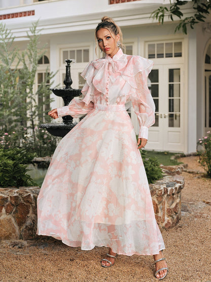 Amanda High Neck Floral Organza Blouse Maxi Skirt Set in Pink