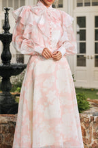 Amanda High Neck Floral Organza Blouse Maxi Skirt Set in Pink Avalabel