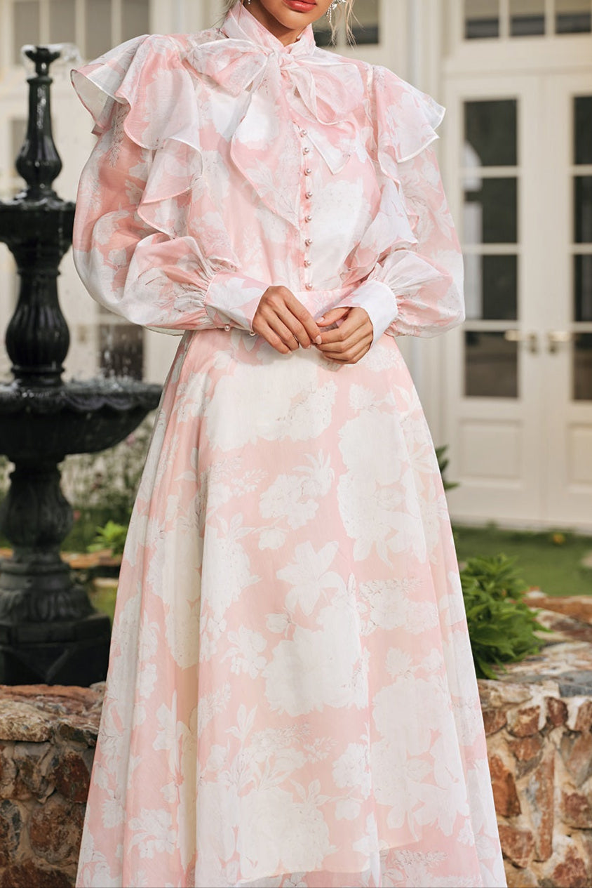 Amanda High Neck Floral Organza Blouse Maxi Skirt Set in Pink Avalabel