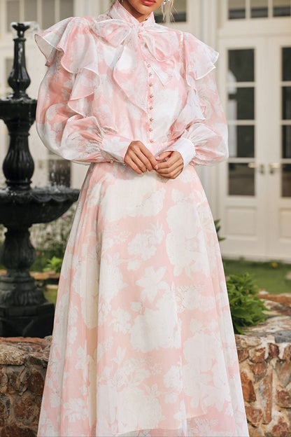 Amanda High Neck Floral Organza Blouse Maxi Skirt Set in Pink