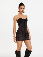 elaine Lace-trim mesh strapless mini dress in black Avalabel