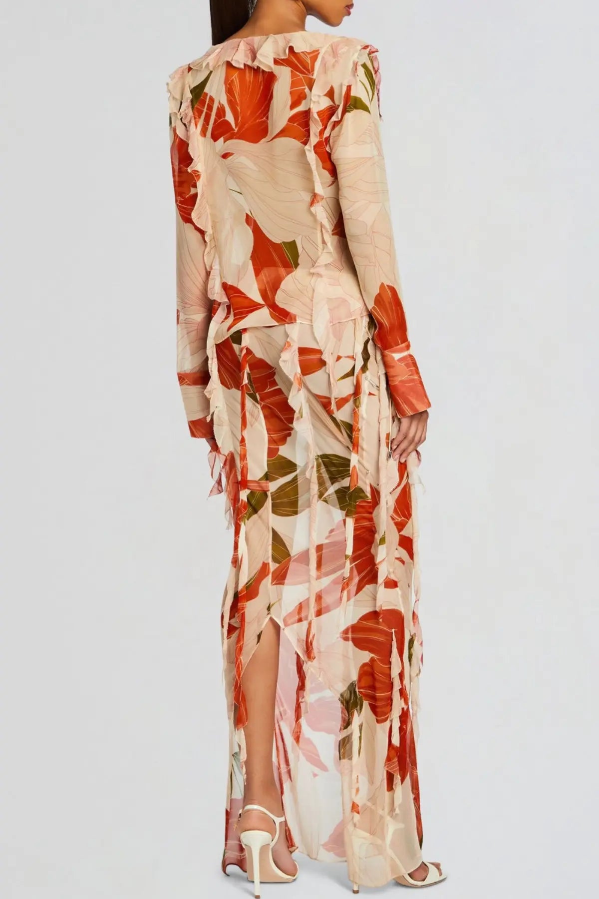 Rolana Floral Print Ruffle Blouse & Maxi Skirt Set Avalabel