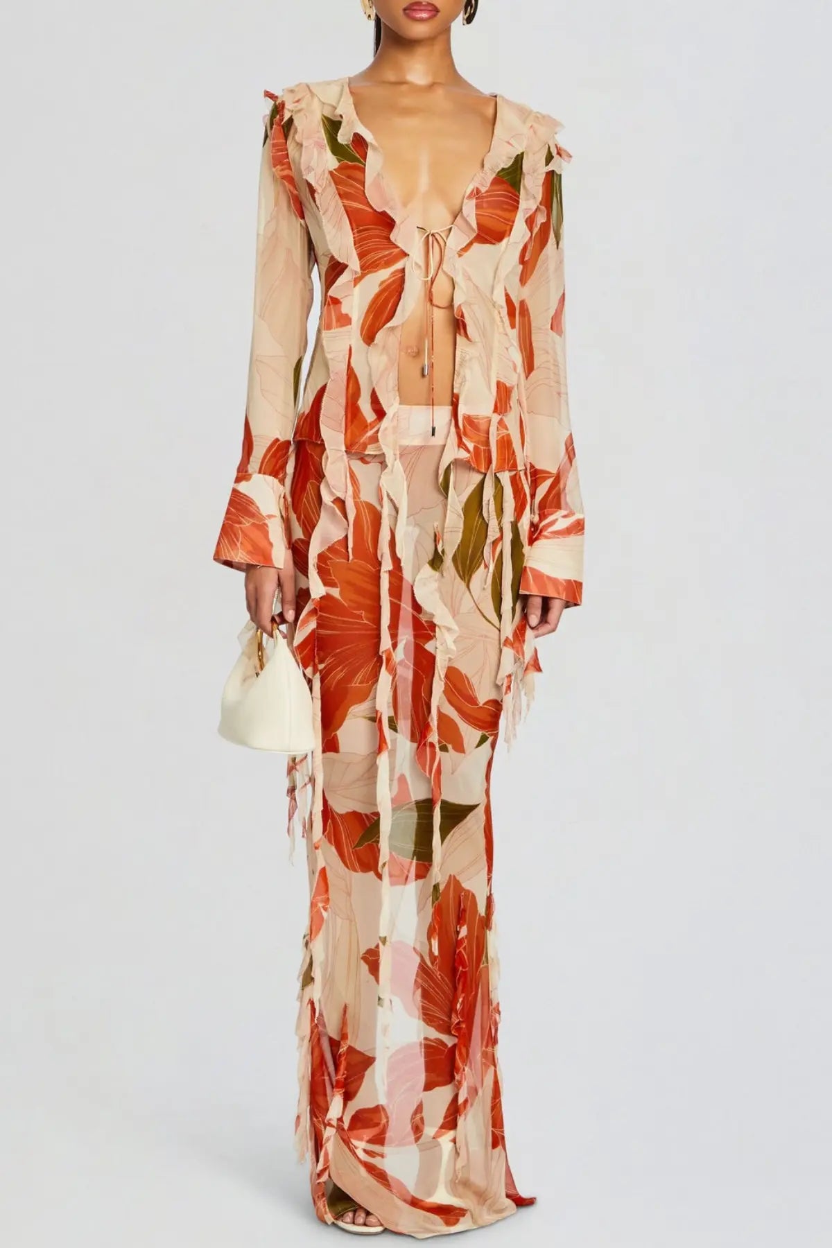 Rolana Floral Print Ruffle Blouse & Maxi Skirt Set Avalabel