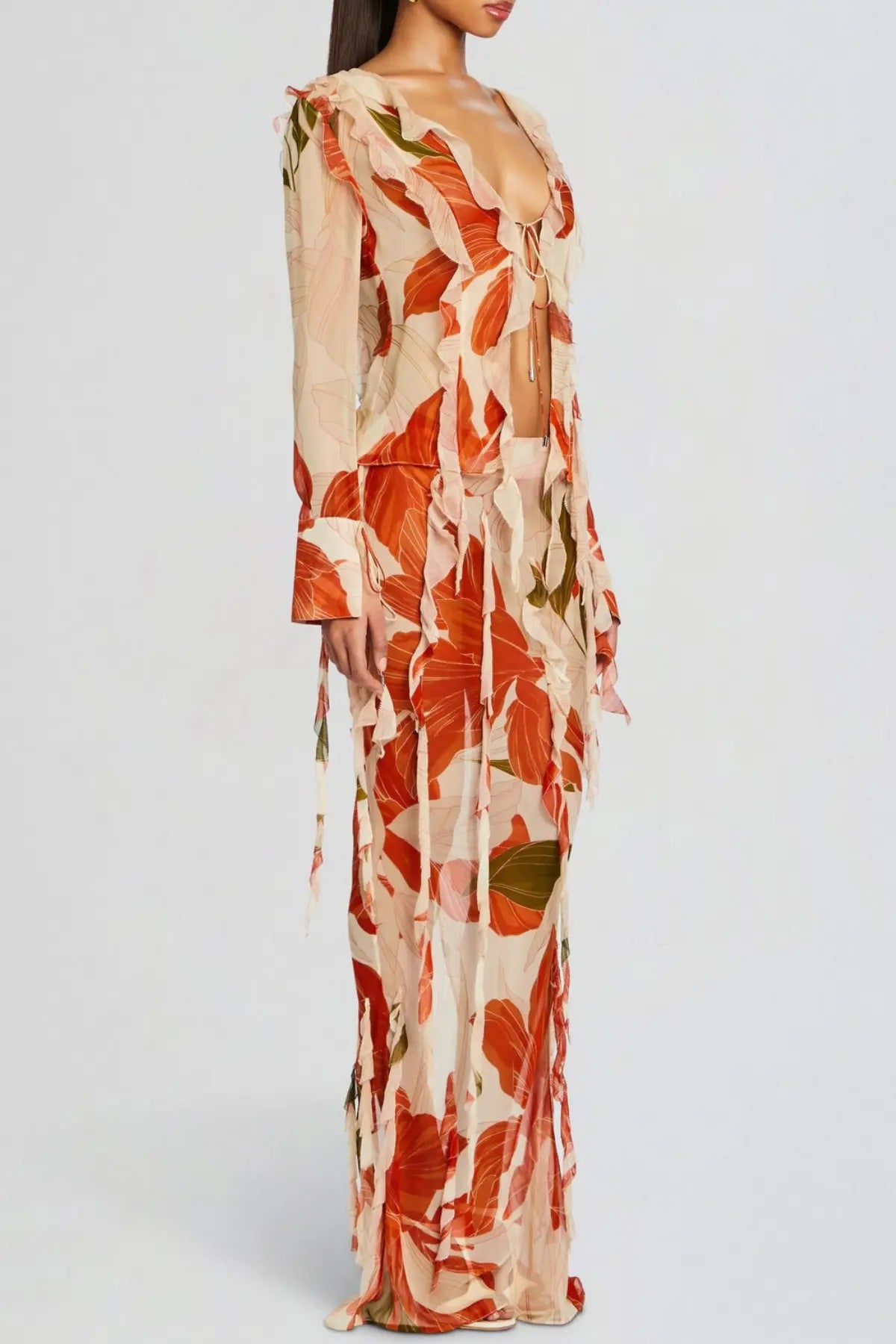 Rolana Floral Print Ruffle Blouse & Maxi Skirt Set Avalabel