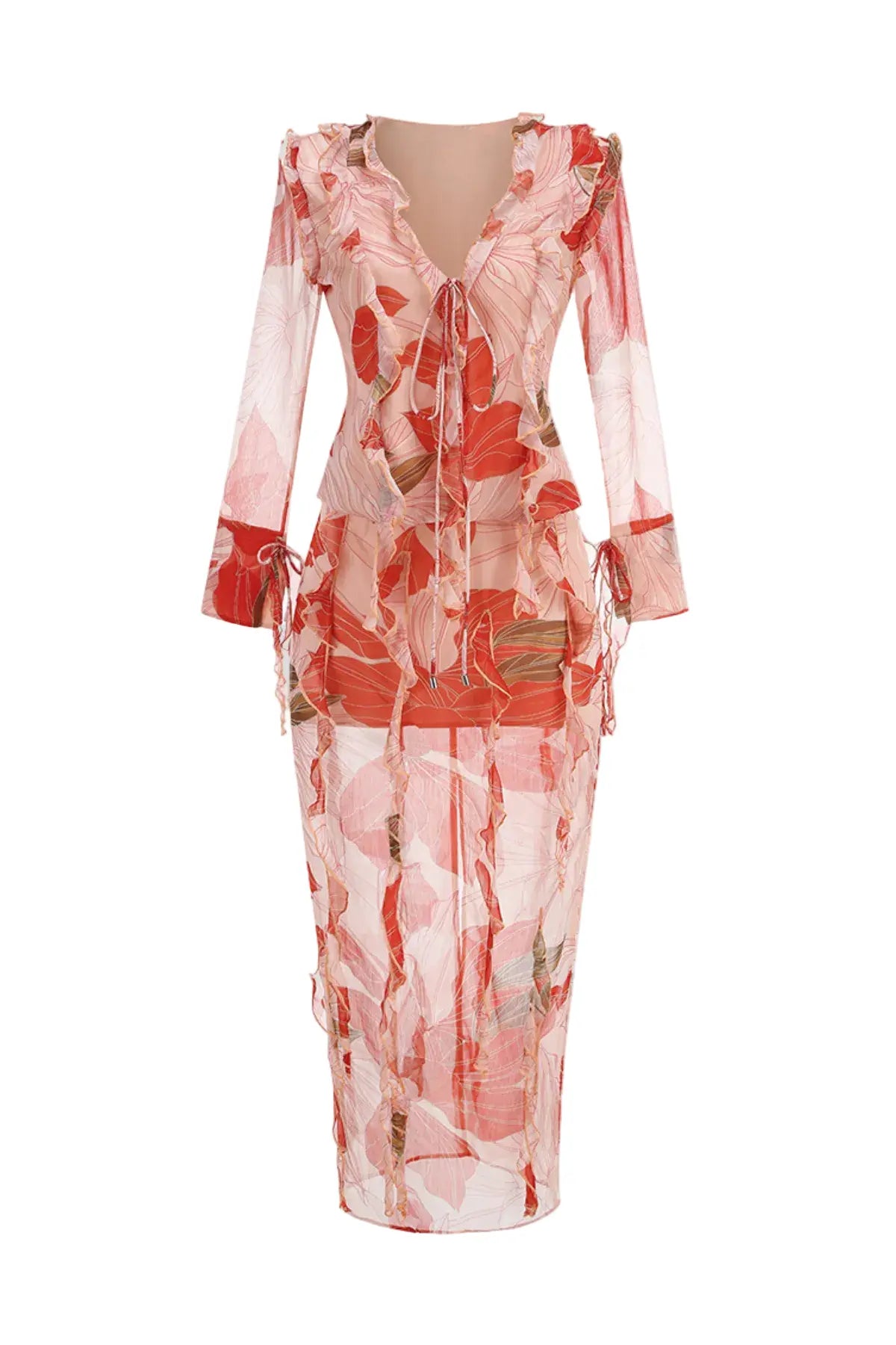 Rolana Floral Print Ruffle Blouse & Maxi Skirt Set Avalabel
