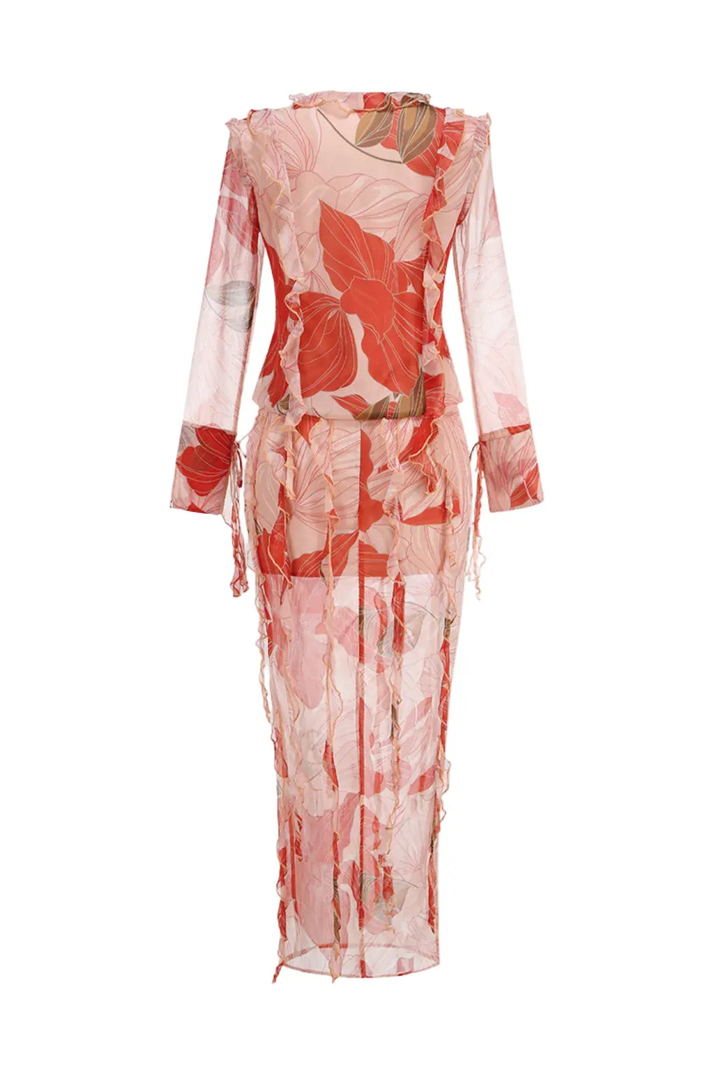 Rolana Floral Print Ruffle Blouse & Maxi Skirt Set Avalabel