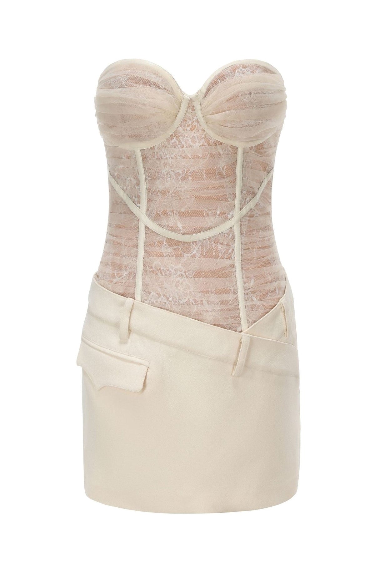 Rolyn Ruched Mesh Strapless Mini Dress - White Avalabel
