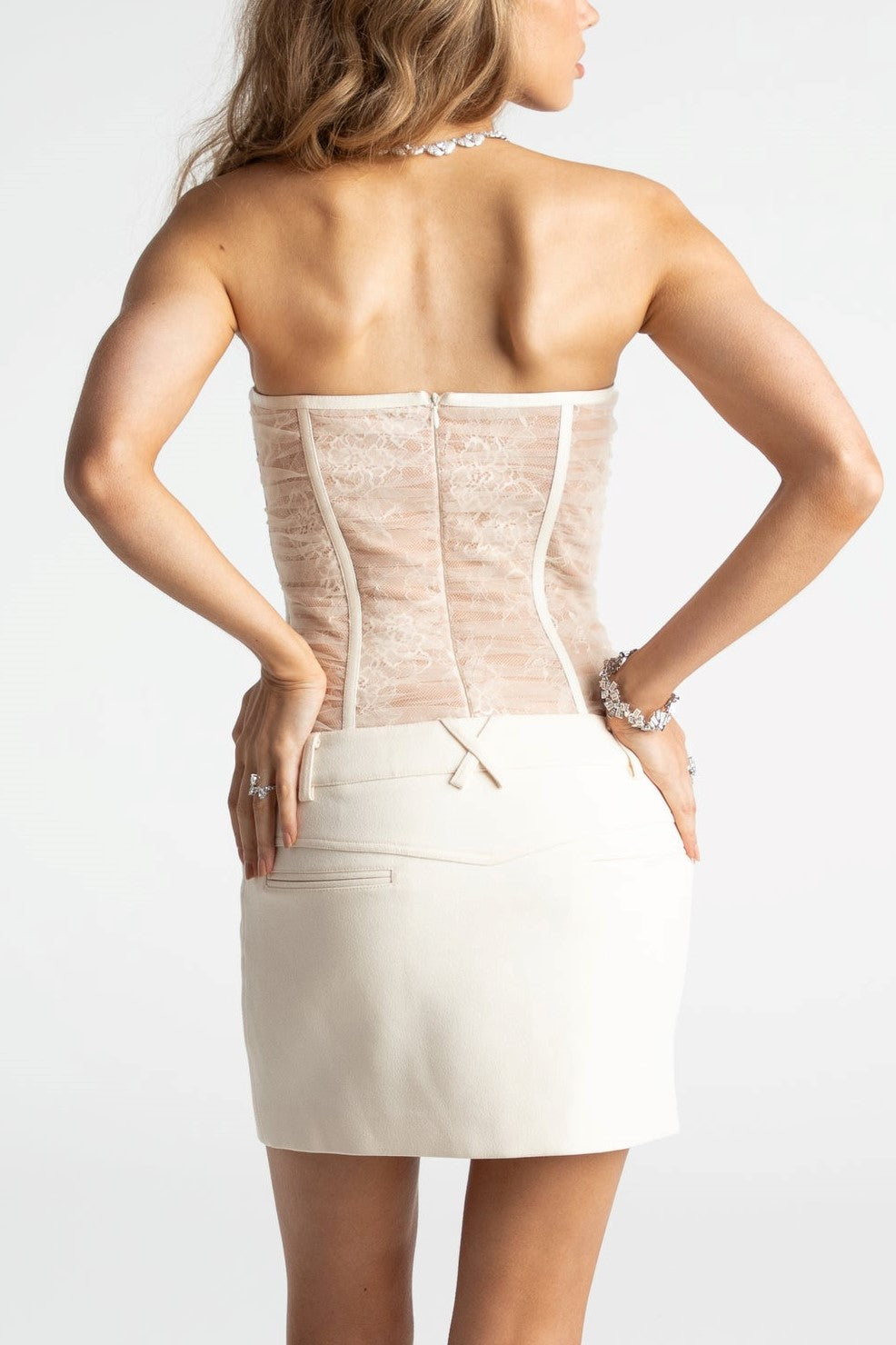 Rolyn Ruched Mesh Strapless Mini Dress - White Avalabel