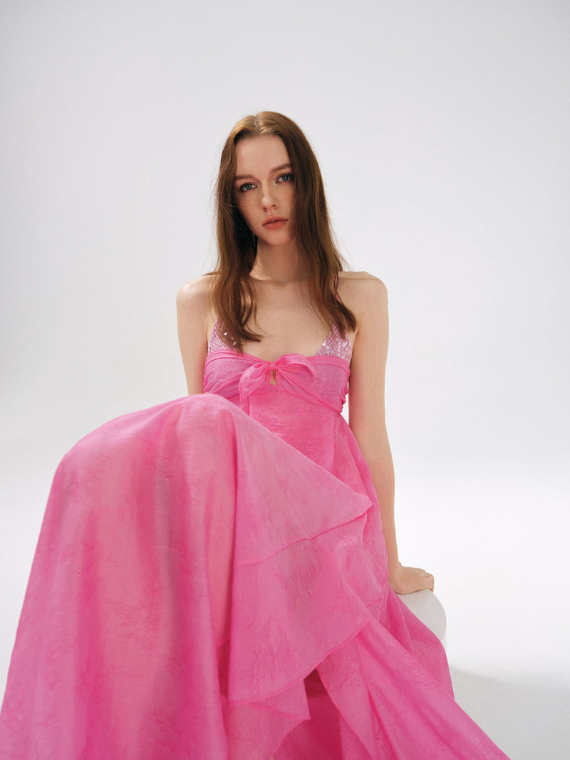 Rose Jacquard Patchwork Asymmetric Ruffle Tailored Dress Avalabel