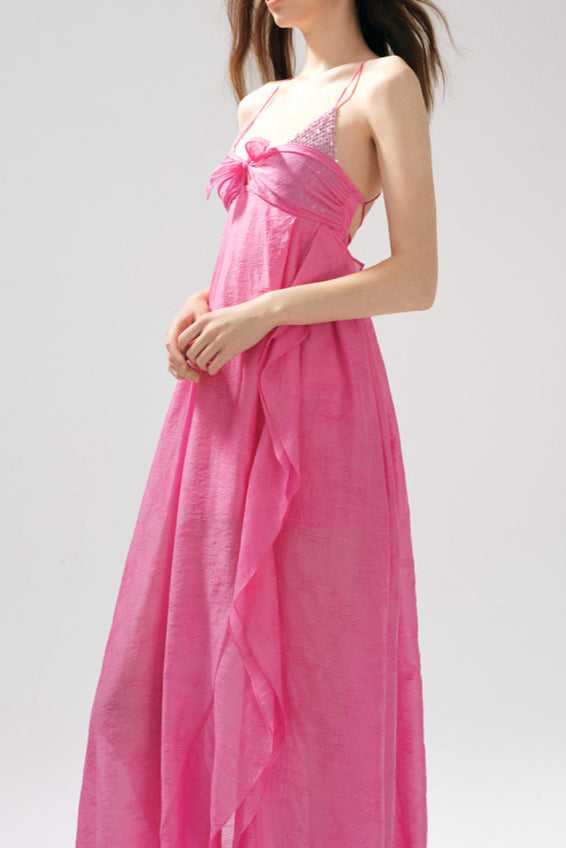 Rose Jacquard Patchwork Asymmetric Ruffle Tailored Dress Avalabel