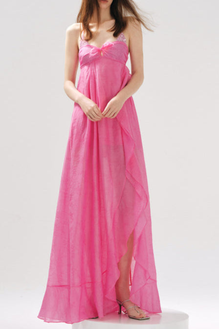 Rose Jacquard Patchwork Asymmetric Ruffle Tailored Dress Avalabel