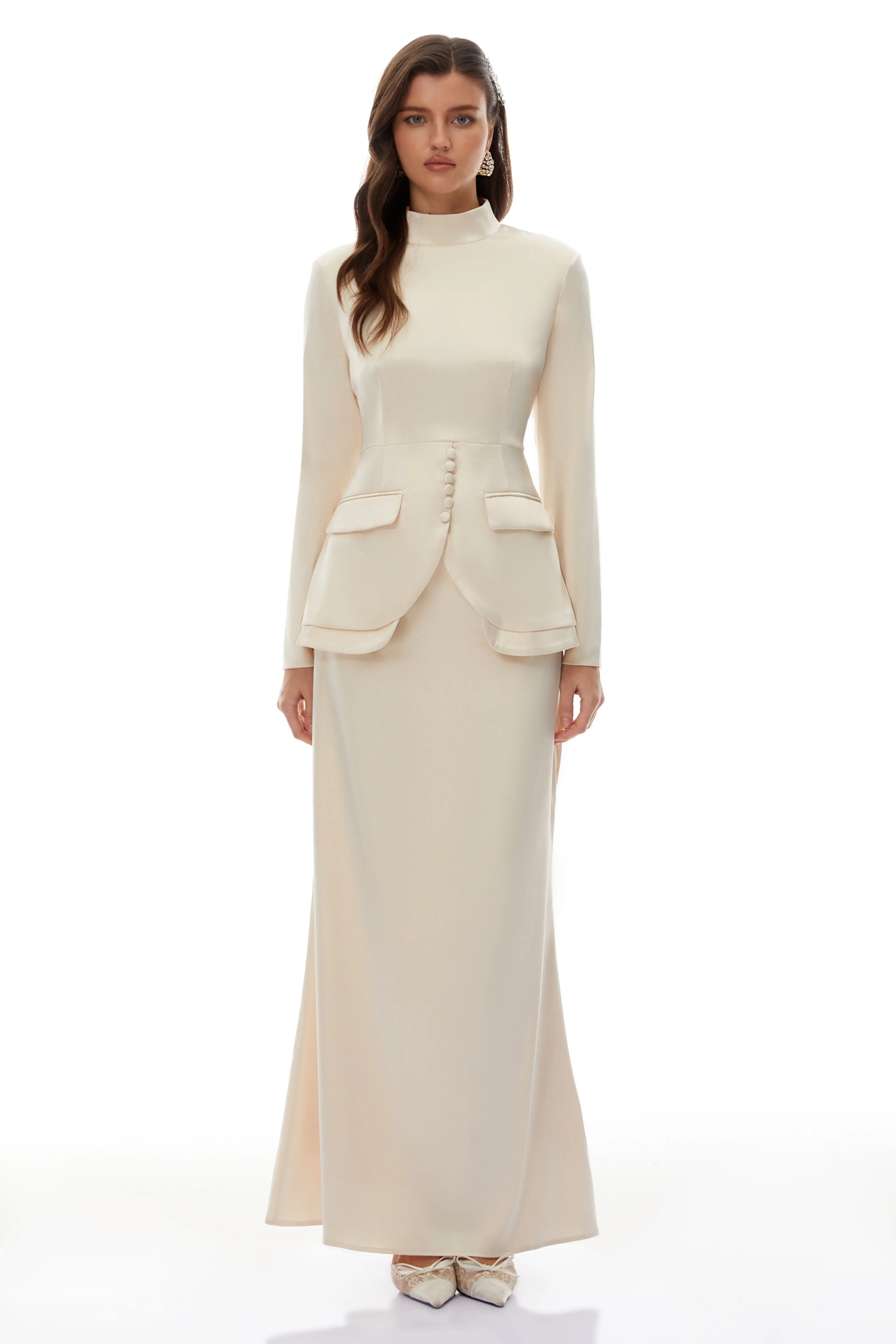 polly apricot Neutral Mock Neck Blouse Mermaid Skirt Set Avalabel