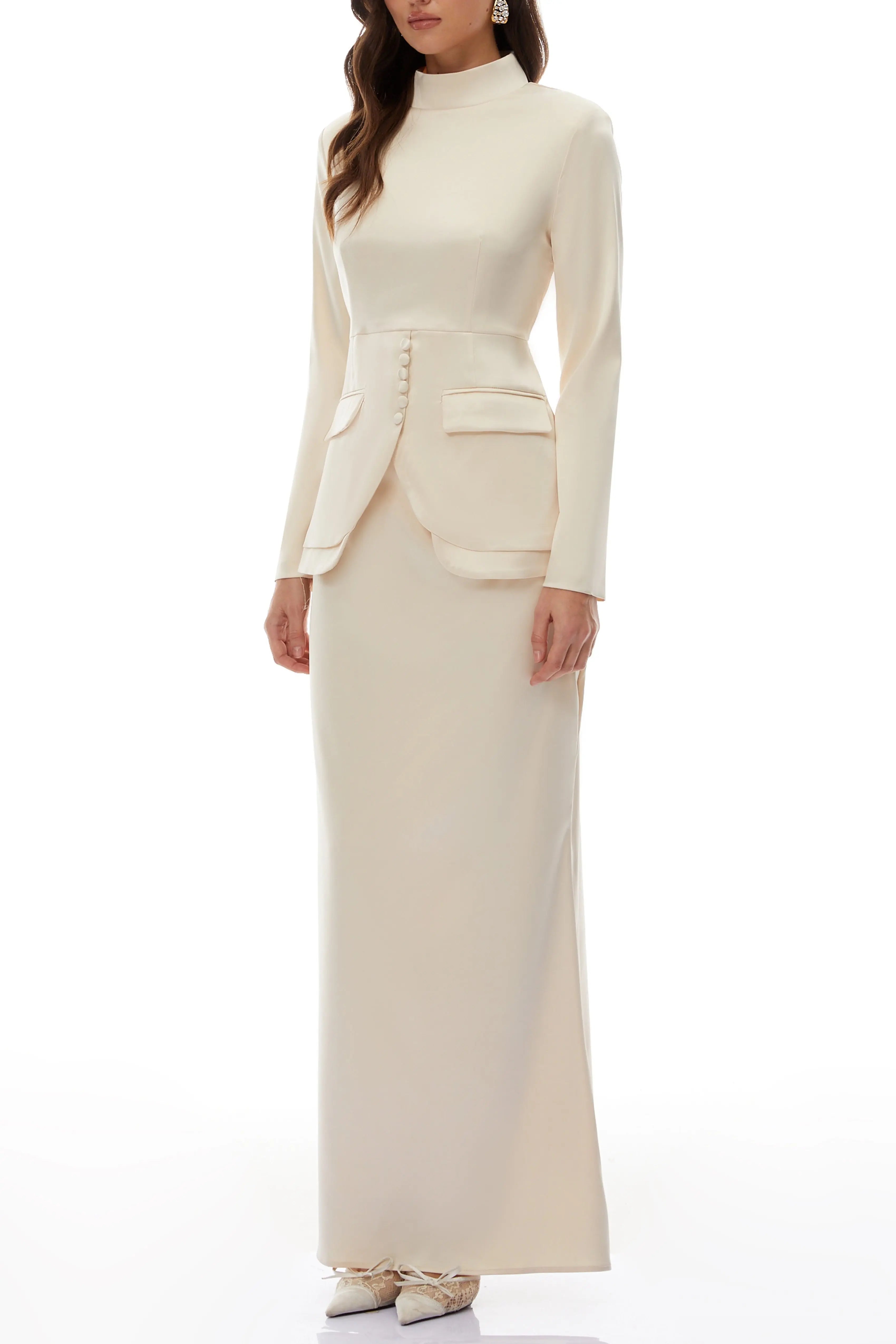 polly apricot Neutral Mock Neck Blouse Mermaid Skirt Set Avalabel