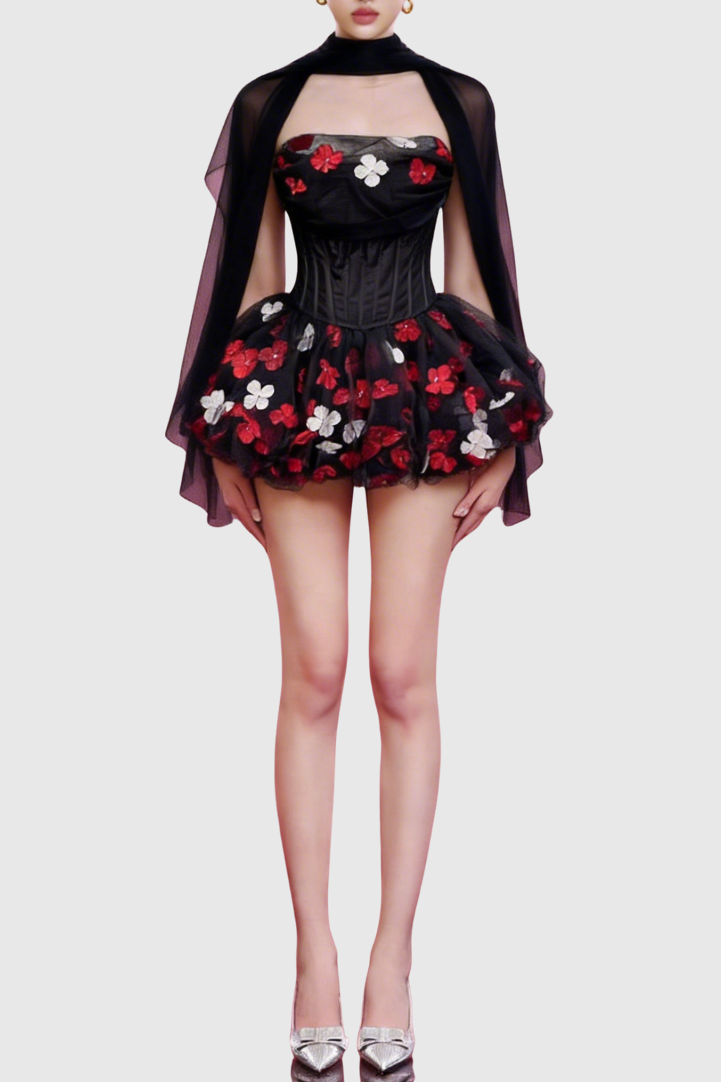 Roxya Floral Strapless Corset Mini Dress - Black Avalabel