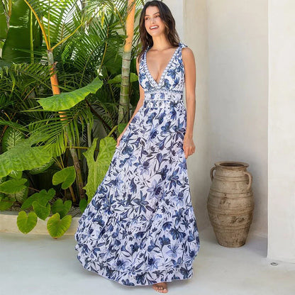 V-Neck Lace Patterned Printed One-Piece Swimsuit and Skirt