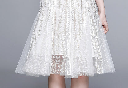 Josephine Lace Embroidered Mesh Midi Dress in White 2026