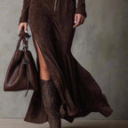Belt Solid Long Sleeve Slim Fit Maxi Dress Avalabel