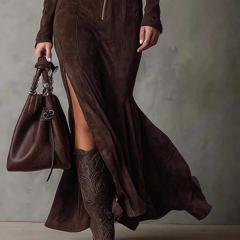 Belt Solid Long Sleeve Slim Fit Maxi Dress Avalabel