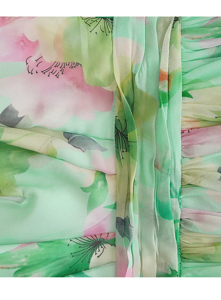 V Neck Floral Print Chiffon Maxi Dress in Green Avalabel