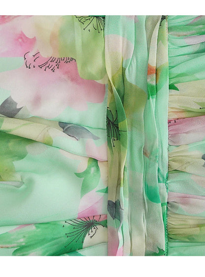 V Neck Floral Print Chiffon Maxi Dress in Green