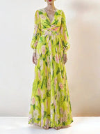jennifer floral print pleated lantern sleeve maxi dress in yellow Avalabel