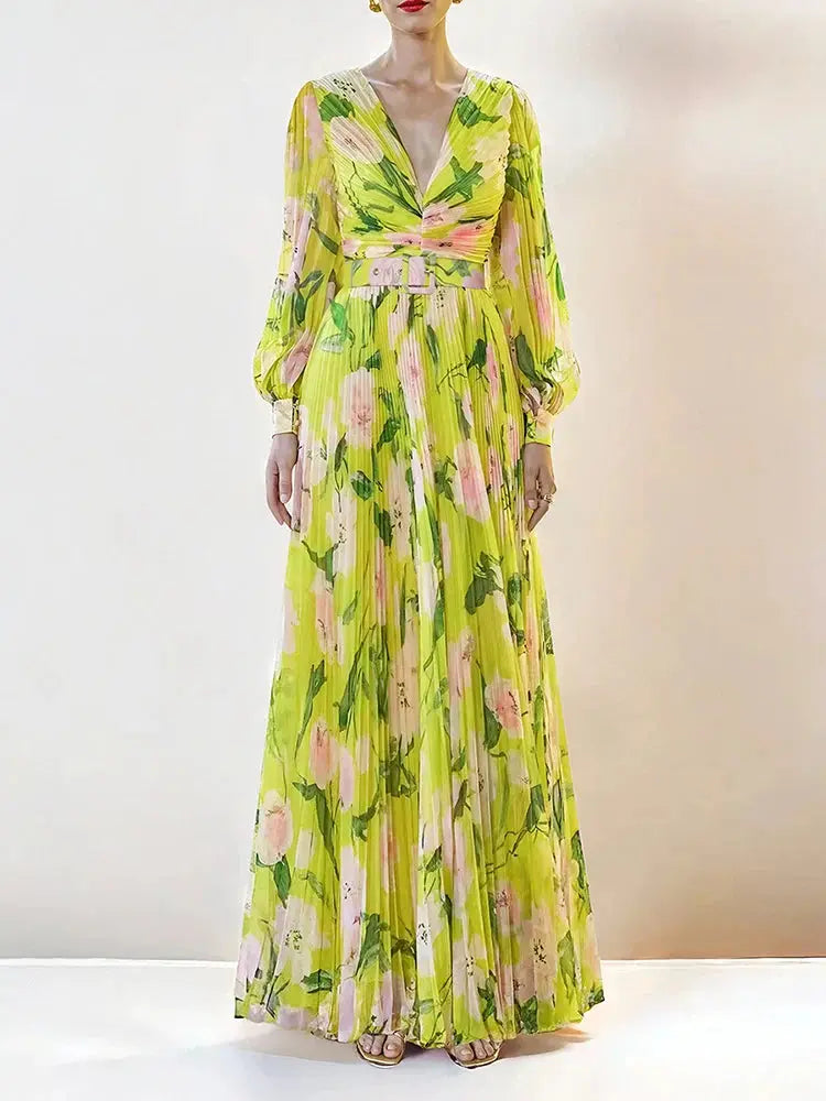 jennifer floral print pleated lantern sleeve maxi dress in yellow Avalabel